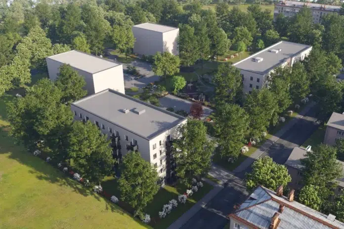 Šampētera kvartāls no augšas. Koki un mājas.