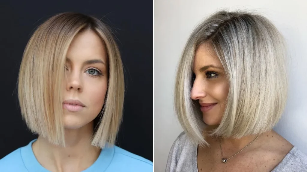Klasiskais boba griezums sievietei ar blondiem matiem.
