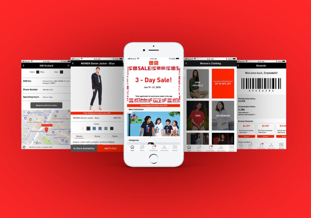 ''Uniqlo'' internetveikala aplikācija telefonā.
