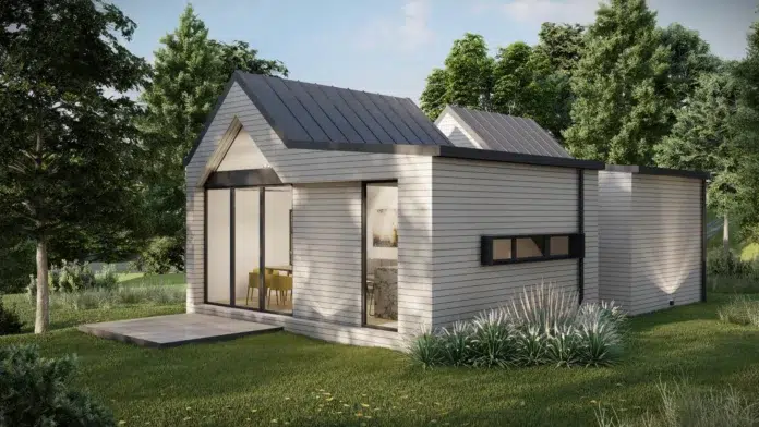 60m2 moduļu mājas piedāvājums: balta, vienstāvīga koka māja