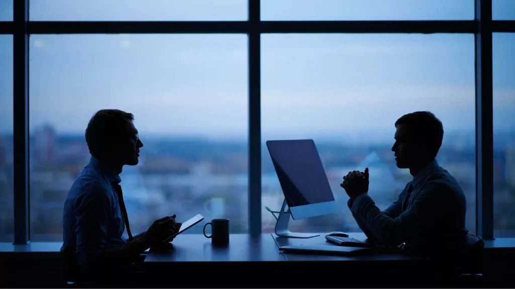 Divi cilvēki vakarā darbā sēž pie loga tumsā