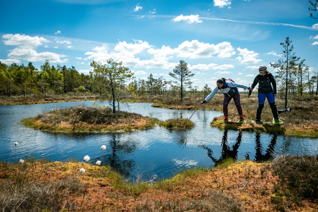 Divi cilvēki pastaigājas Dunikas purva takā