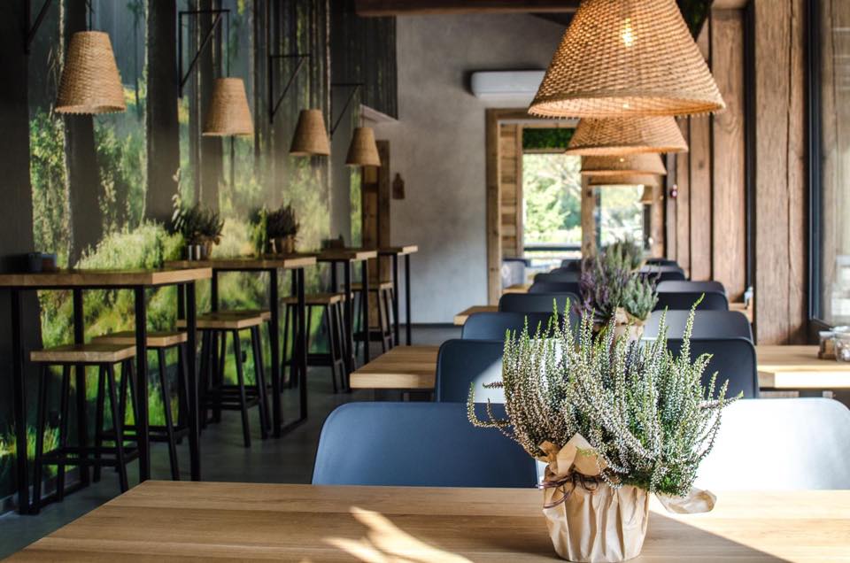 Gastro grilbārs "KOKOS" ar meža skata tapetēm un koka interjeru.