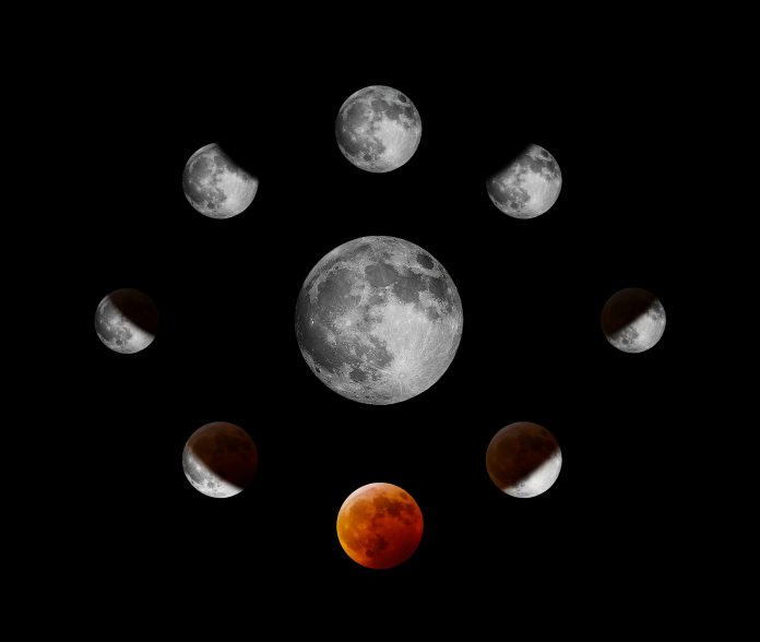 Mēness kalendārs 2024. gadam. Visas mēness fāzes uz melna fona