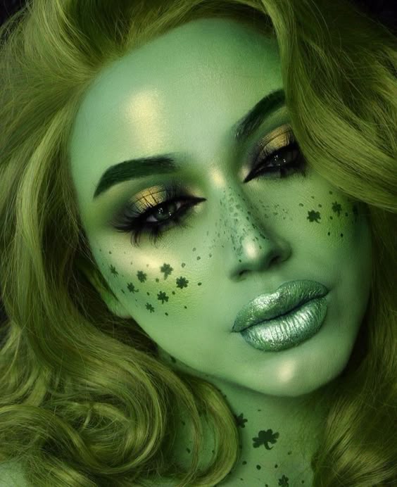 Sieviete ar zaļu sejas krāsu un citplanētieša makeup