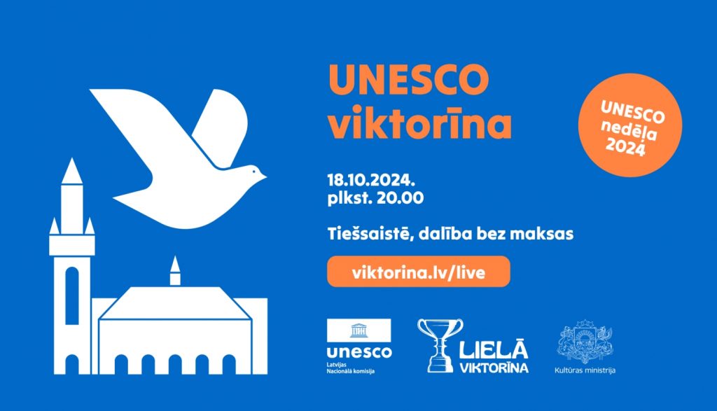 "UNESCO" viktorīnas tiešraide uz zila fona