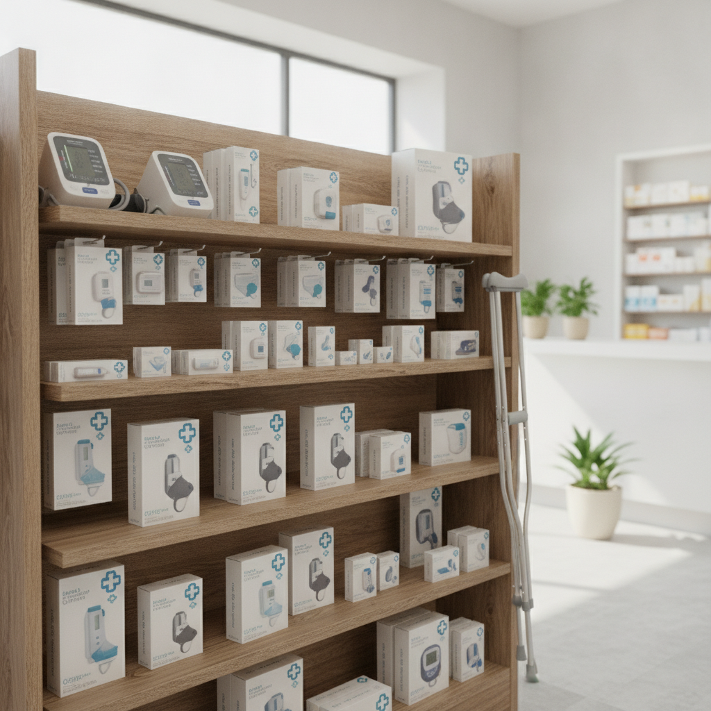 Aptiekas plaukti ar medicīnas precēm un farmaceits pie letes
