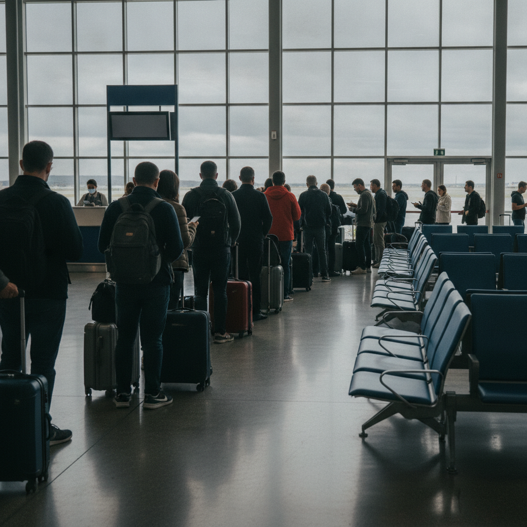 Pasažieru rinda pie iekāpšanas vārtiem ar rokas bagāžu blakus