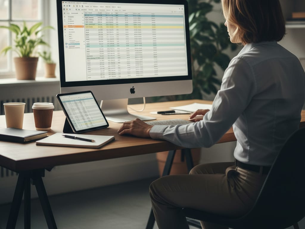 Analītiķe pie galda pēta finanšu atskaiti ar skaitļu tabulām
