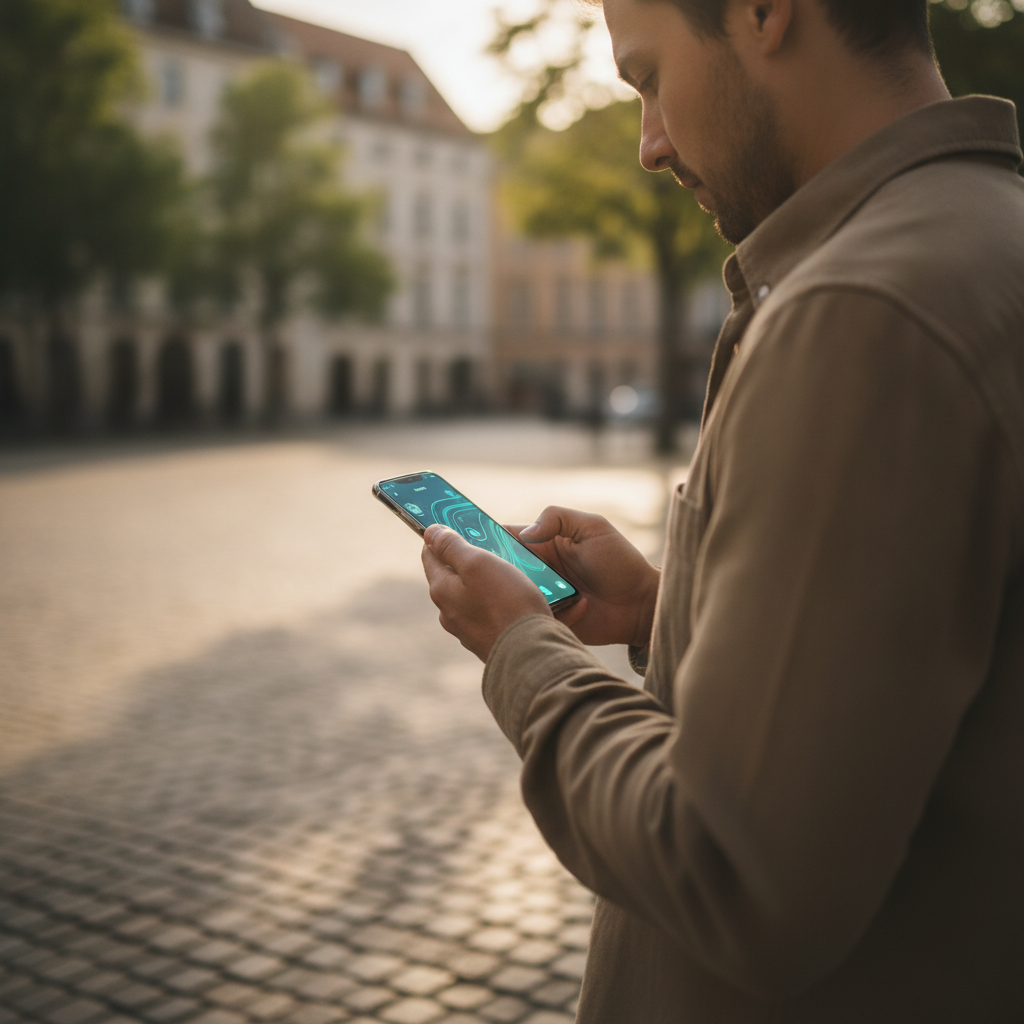 Cilvēka rokas tur viedtelefonu ar lietotni brīvā dabā uz ielas
