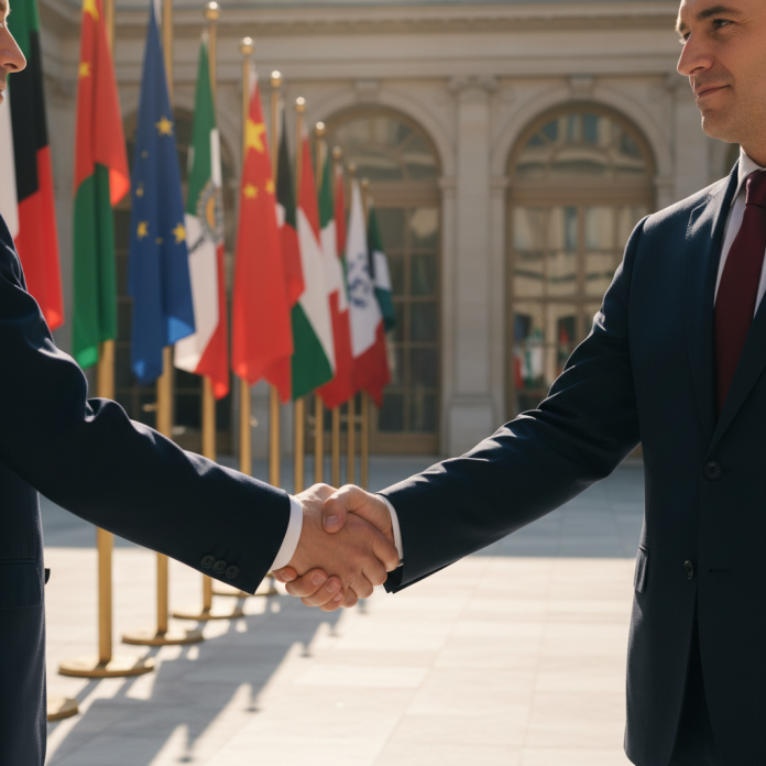 Divi diplomāti spiež rokas sarunu telpā, fonā redzami valstu karogi, lietuvas un ķīnas attiecības