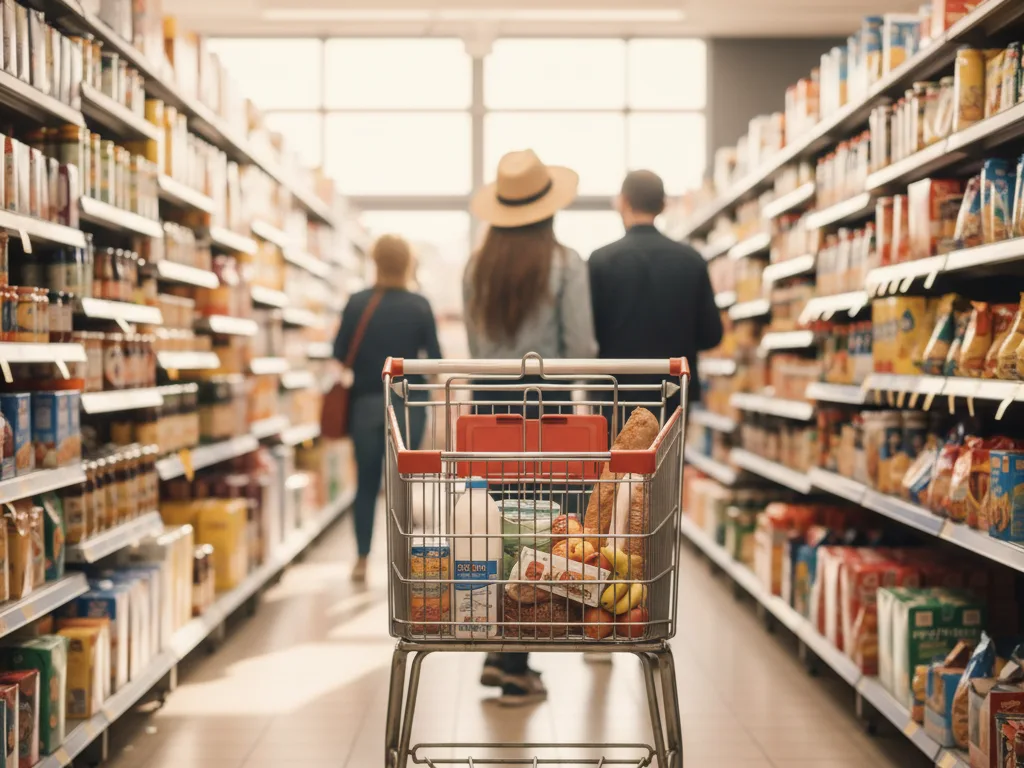 Iepirkumu ratiņi lielveikala plauktu rindā ar pārtikas produktiem