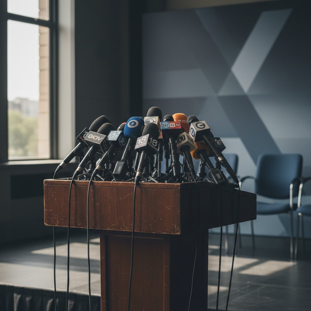 Mikrofoni pie tribīnes preses konferencē, fonā žurnālisti ar kamerām