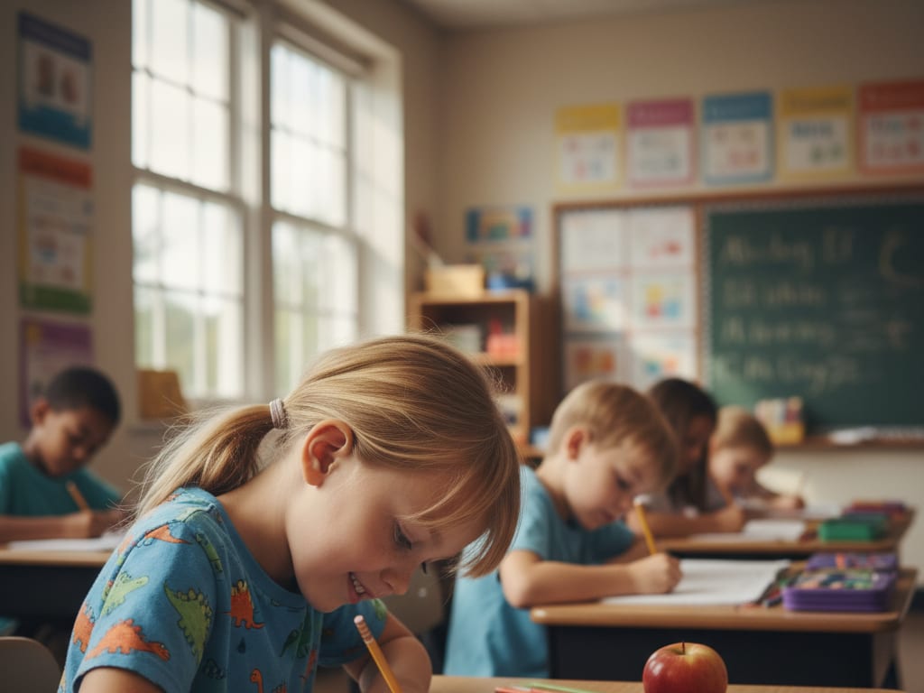 Pirmklasnieks pie skolas sola raksta burtnīcā ar zīmuli
