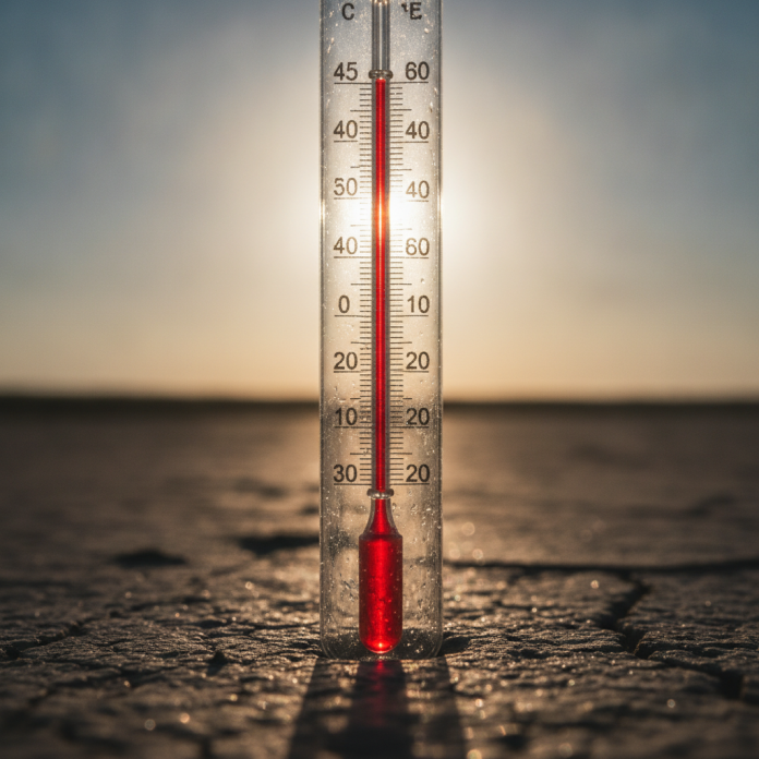Termometrs spilgtā saulē rāda augstu gaisa temperatūru vasaras dienā, karstuma rekordi pasaulē pēc valstīm