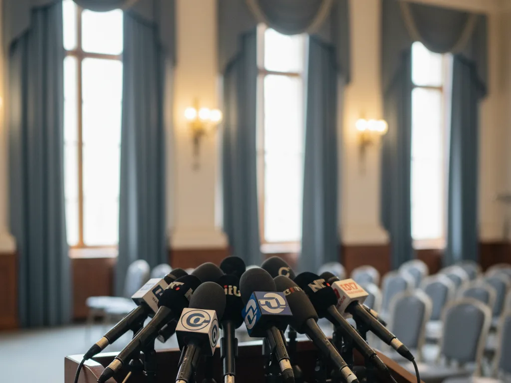 Vairāki mikrofoni pie tribīnes preses konferencē bez runātāja