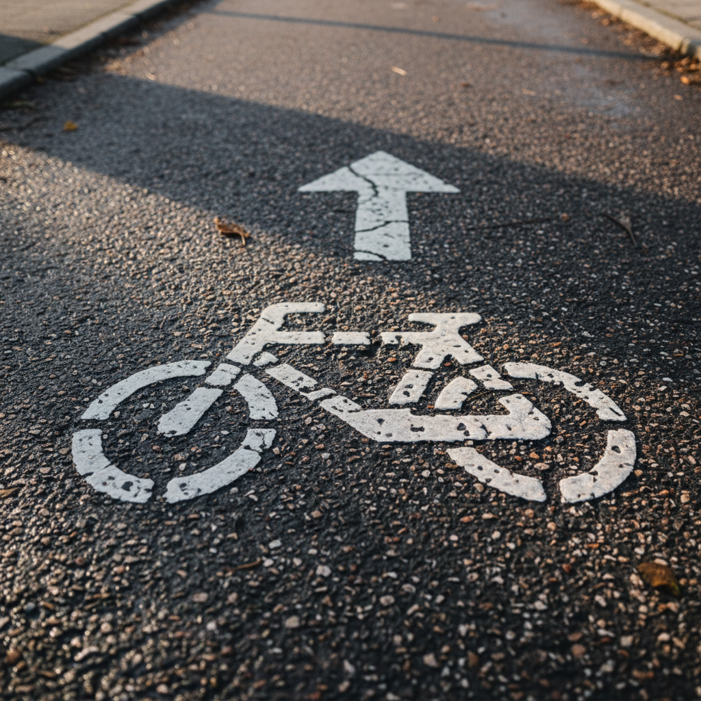 Velojoslas zīme un marķējums uz asfalta pilsētas ietves tuvumā